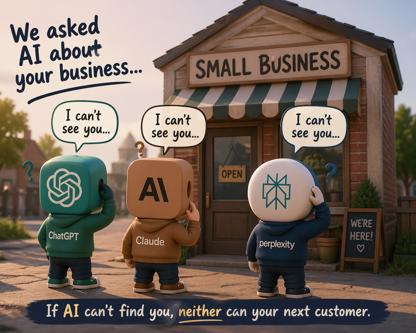 ChatGPT, Claude, and Perplexity standing confused in front of a small business that says We're Here